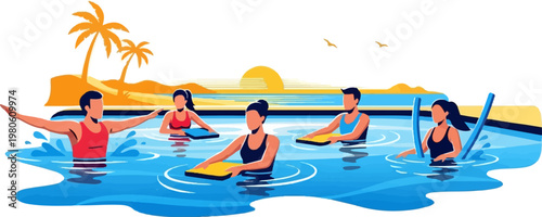 People exercising in a pool with a beach and palm trees in the background during sunset