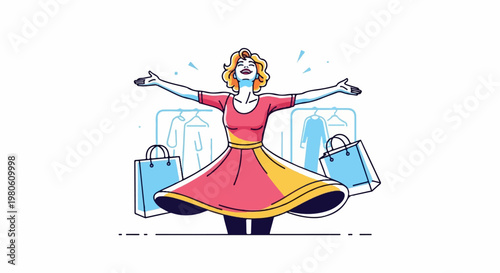 Joyful woman in a twirling dress, surrounded by shopping bags and clothes