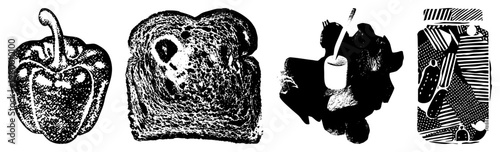 Pepper, toast, milkshake, pickle jar depicted with halftone textures, vector illustration, food, stylized kitchen elements.