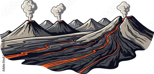 Stylized volcanoes erupting with lava flows across a dark landscape under a white sky