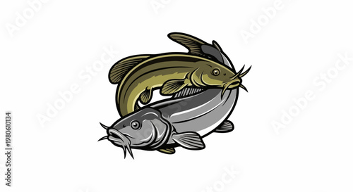 Two stylized catfish entwined in a circular pattern