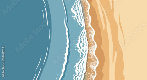 A minimalist aerial view of blue ocean waves meeting a sandy beach