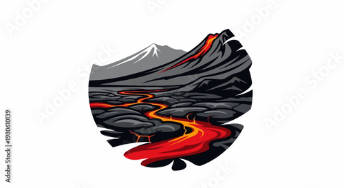 Fiery lava flows down a dark, rocky volcano under a distant, snow-capped peak