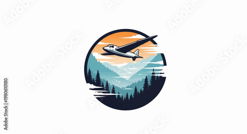 Retro airplane flies over misty, layered mountains and pine forest at sunset