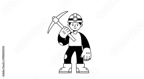 Friendly cartoon miner wearing hard hat and holding pickaxe, dressed in sturdy work clothes and boots, ready for excavation tasks with a cheerful expression, clean line art style,