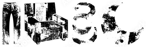 Stylized black and white vector denim jeans with belt, retro armchair, and bold "36" graffiti text. Urban graphic elements, isolated silhouettes with distressed texture.