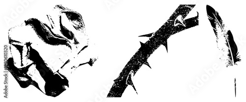 Graphic elements featuring a Spartan helmet, branch, and feather rendered in halftone style, isolated vector for design use, black and white silhouette art.