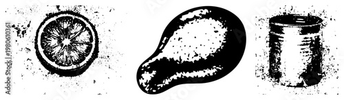 Gridded halftone style depicting citrus section, fried chicken drumstick, and cylindrical tin can, isolated vector graphics with textured stippling effect.