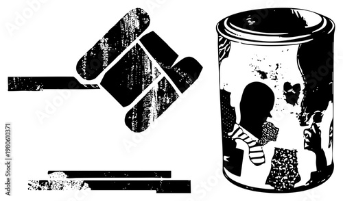 Artistic brush and paint can with weathered texture, graphic illustration, artist tools, creative studio, design.