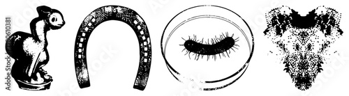 Stylized symbols including rabbit figurine, U shaped horseshoe, curved eyelash, and speckled mask design, flat vector art, isolated assets.