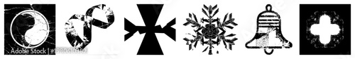 Graphic symbols including yin yang, ribbon,, snowflake, bell, and shape, each with unique textures,, stylized design, ideal for UI or branding.