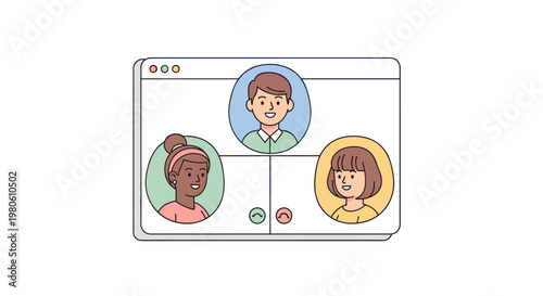 Three diverse individuals engage in a cheerful video conference call, their smiling faces displayed in distinct circular frames within a clean interface, showcasing remote