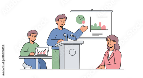 Professional speaker presents data charts and graphs on projector screen to attentive audience members seated at desk with laptop showing financial progress during collaborative