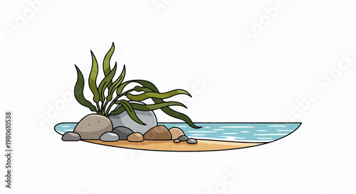 A serene depiction of a small rocky shore with kelp and calm water