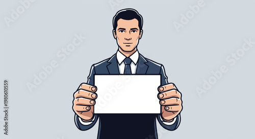 A man in a suit holds a blank white sign for communication or presentation