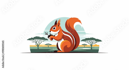 Stylized squirrel in savanna landscape with acacia trees and a sunset sky