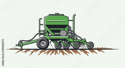 A green, stylized agricultural planter with multiple seed tubes is shown in profile, working the earth