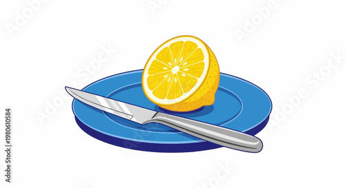 A halved lemon rests on a blue plate next to a silver knife