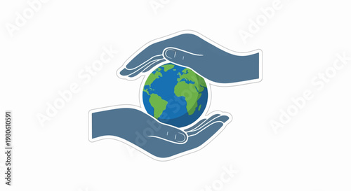 Two blue hands gently cradling a green and blue planet Earth