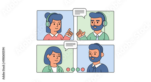 Four diverse individuals engage in a virtual meeting, two wearing headsets and communicating via speech bubbles, while others participate in separate video call windows,