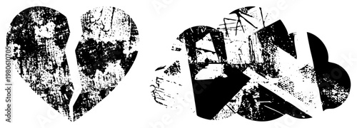 Cracked heart with weathered texture, urban decay motif, distressed graphic, emotional symbol, black and white vector art, halftone grain.