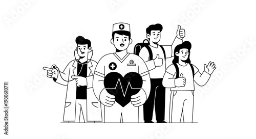 Diverse medical professionals and patients united by care, featuring a doctor with a stethoscope, a nurse holding a heart symbol with ecg line, and smiling individuals giving