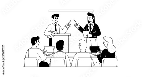 Two business professionals present information to an attentive audience seated with laptops, demonstrating a focused learning environment with clean lines and a monochrome palette.