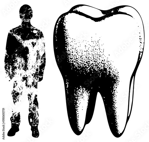 Medical illustration comparing human body size to giant tooth, dental anatomy, health education, black and white halftone, dentist reference, dental scaling concept.