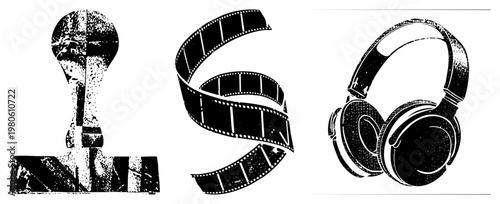 Stylized black and white vector film strip, lightbulb, headphones. Grunge texture, halftone effect. Retro symbols for design projects.