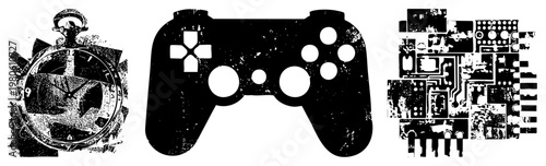 Distressed black and white vector analog stopwatch, game controller, and circuit board, stylized glitch art, tech gaming theme.