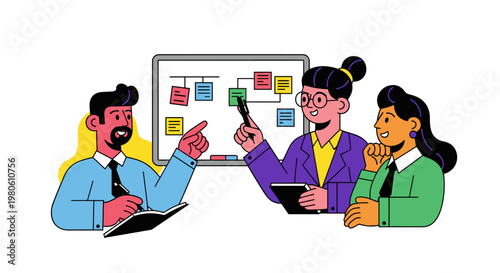 Diverse team collaborating around a whiteboard, presenting strategy, planning project, brainstorming ideas, discussing tasks, and taking notes with a pen and notebook, featuring