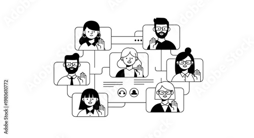 Diverse group of individuals participating in a virtual meeting, each person displayed within a clean, rounded rectangle interface, connected by subtle lines indicating