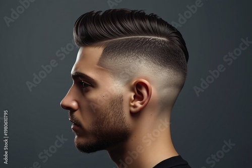 Confident Man with High Fade Haircut and Full Beard – Hyperrealistic Grooming Portrait Showing Sharp Barber Lines and Beard Fade