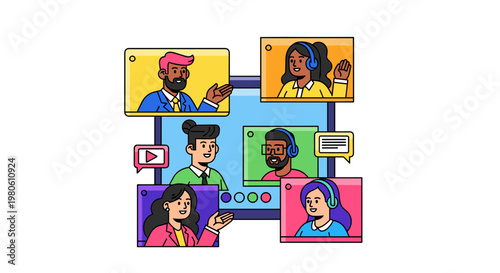 Diverse team members collaborating remotely via video conference calls, engaging in online meetings and discussions with cheerful expressions and professional attire, showcasing