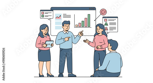 Diverse team collaborates on project presentation, discussing financial growth charts and task lists on screen with tablet device, conveying synergy and strategic planning.