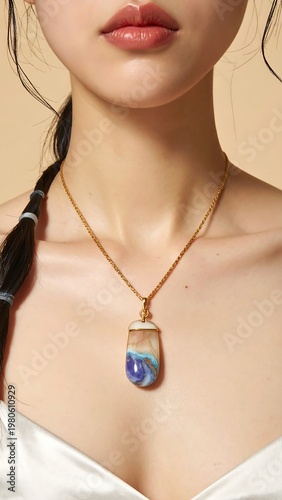 A woman's face and chest with a pendant necklace