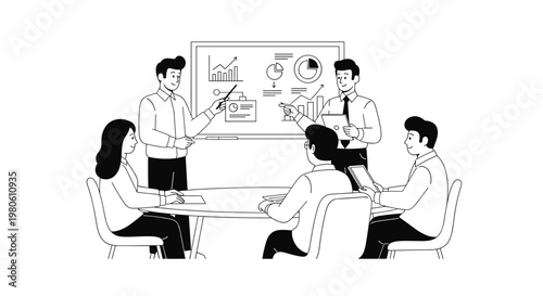 Professional team meeting with presenter showing financial charts and pie graphs on whiteboard, colleagues attentively listening and taking notes at desk, clean line art style,