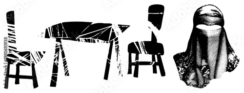 Black and white vector illustration featuring stylized chair, table, stool, and veiled figure, rendered in halftone and geometric fragmentation, graphic design element.