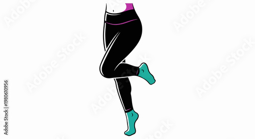 Stylized legs in black leggings and teal socks with purple accents