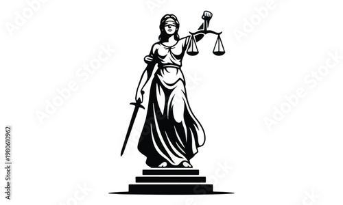 Lady Justice Statue with Scales and Sword on White Background