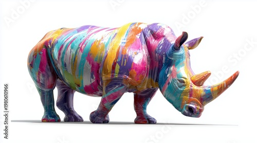vibrant rhinoceros statue with bold abstract paint strokes and realistic skin fold detailing, isolated on white background with strong contrast lighting.