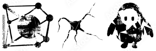 Distressed vector with Star Wars Death Star, alien creature, and stylized character, all in, grungy texture, isolated graphic elements.