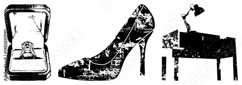 Black and white vector illustrations of a high heel shoe with textured, an open ring box with ornate ring, and a desk lamp on a writing desk, all in stylized silhouette form.