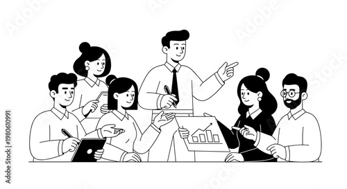 Diverse team collaborates in a modern office setting, presenting growth charts and discussing strategy with enthusiastic gestures, a leader points forward, conveying progress and