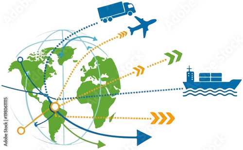 Global transportation routes connecting continents via air, sea, and land