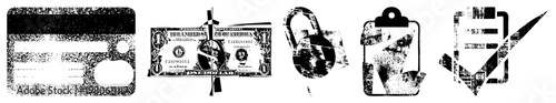 Halftone distressed finance credit card, cash bill, lock, clipboard, checkmark. Synonyms payment, finance emblem, security badge, document sign, approval mark.