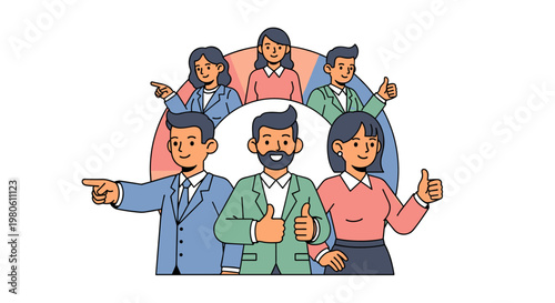 Diverse team members express approval and direction with positive gestures, showcasing collaboration and leadership in a professional, clean-lined vector composition with a warm