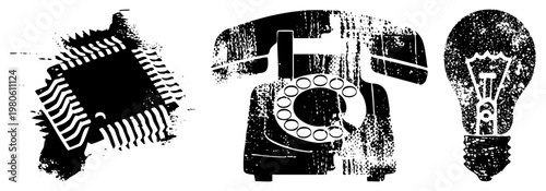 Retro tech symbols including microprocessor chip, rotary telephone, and incandescent bulb, stylized with halftone texture, isolated vector graphics for digital design.