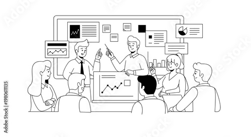 Diverse professionals gathered around a presentation screen, actively discussing data charts, graphs, and reports, conveying a collaborative meeting atmosphere focused on business