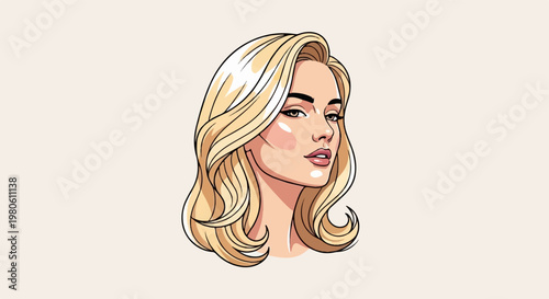 Stylized portrait of a blonde woman with wavy hair, looking to the side